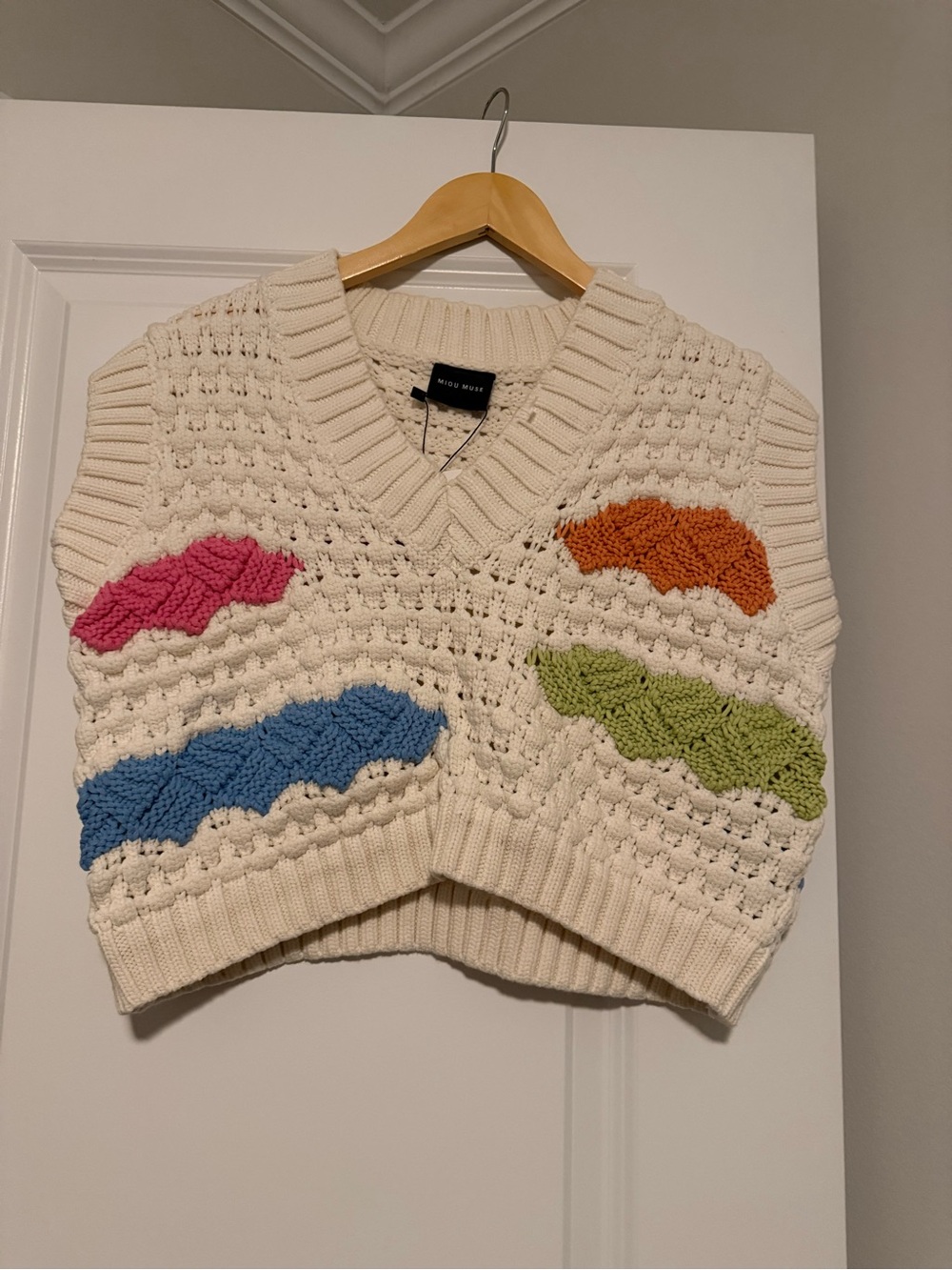 Cream Crochet V-Neck Sweater Vest with Colorful Patch Details